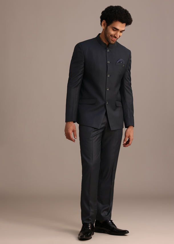 Blue Jodhpuri And Pant Set With Pocket Square