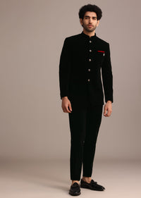 Black Velvet Jodhpuri Set with Pocket Square