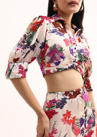 White Floral Printed Chinon Crop Top And Palazzo