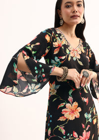 Black Floral Printed Crepe Kurta And Pant In Sequins Work