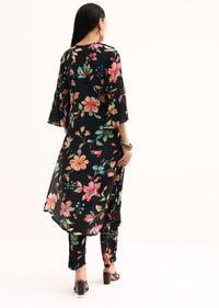 Black Floral Printed Crepe Kurta And Pant In Sequins Work