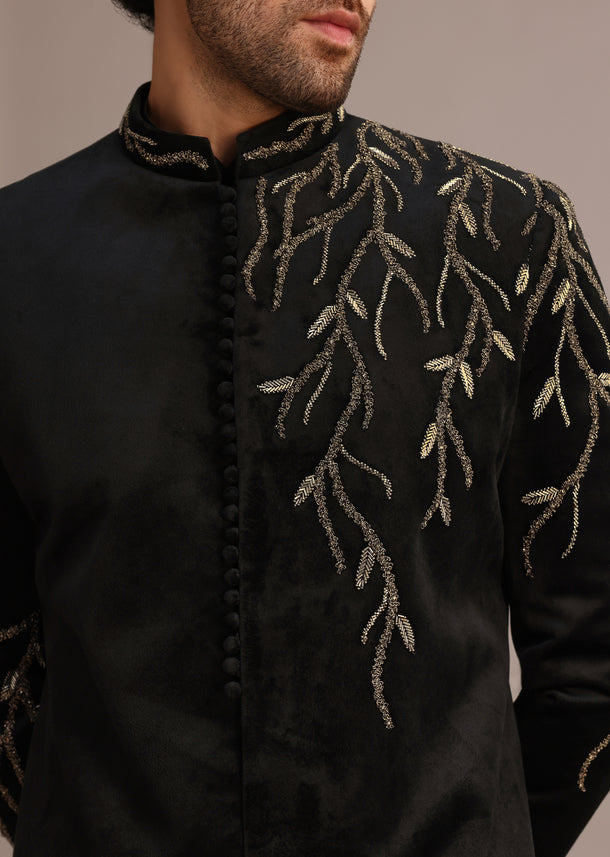 Black Jacquard Indo Western Set with Zardozi Work