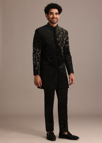 Black Jacquard Indo Western Set with Zardozi Work