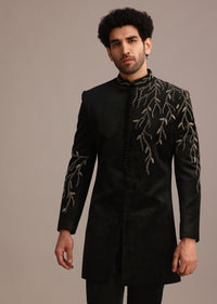 Black Jacquard Indo Western Set with Zardozi Work