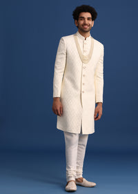 Beige Jacquard Sherwani And Kurta Set