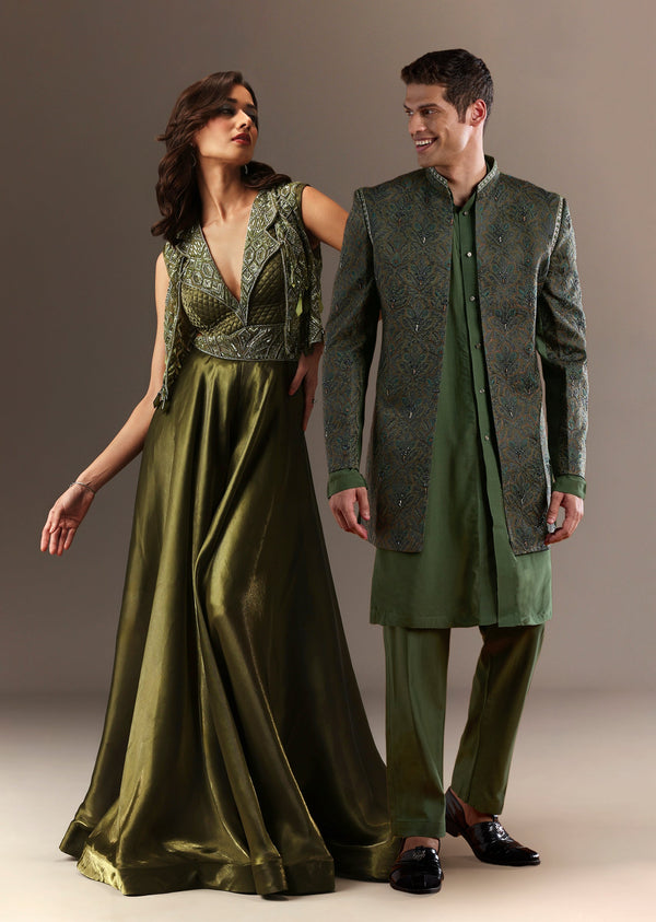 Mehendi Green Contemporary Duo – Embroidered Jumpsuit For Her And Muslin Jacket Kurta Set For Him