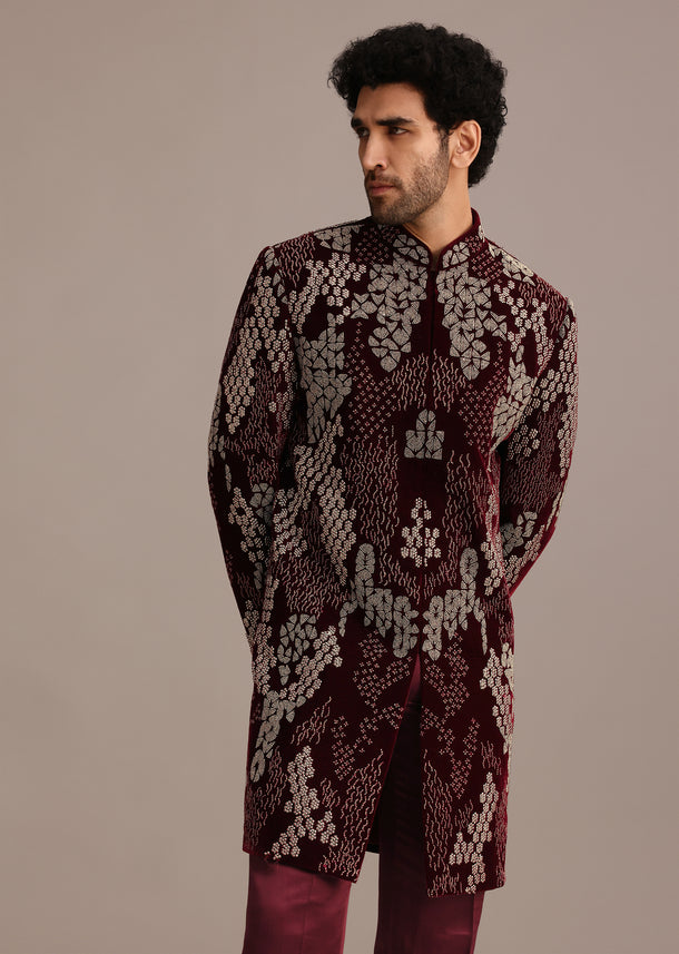 Wine Hand Embroidered Indo Western Set In Velvet