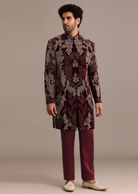 Wine Hand Embroidered Indo Western Set In Velvet