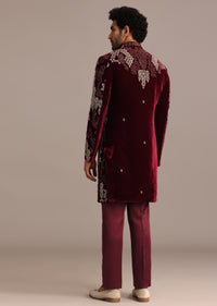 Wine Hand Embroidered Indo Western Set In Velvet