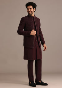 Wine Hand Embroidered Jodhpuri Kurta Set