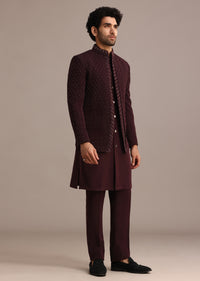 Wine Hand Embroidered Jodhpuri Kurta Set