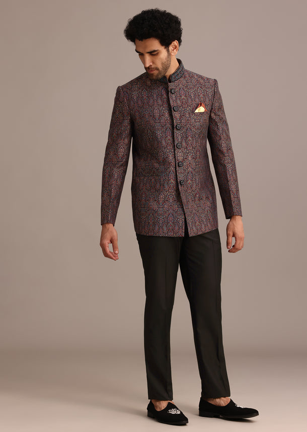 Red Silk Jacquard Jodhpuri and Pant Set