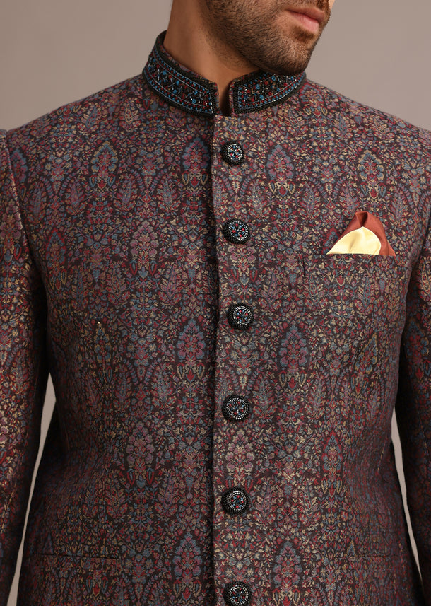 Red Silk Jacquard Jodhpuri and Pant Set