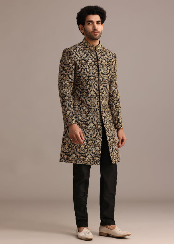 Gold Hand Embroidered Silk Sherwani Suit