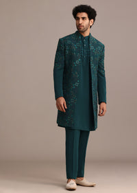 Green Hand Embroidered Indo Western Suit