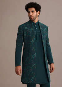 Green Hand Embroidered Indo Western Suit