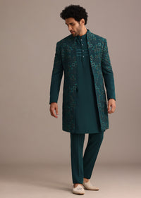 Green Hand Embroidered Indo Western Suit