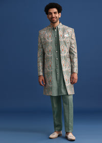 Green Printed Silk Jacket and Kurta Fusion Suit