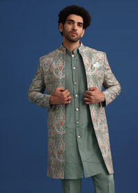 Green Printed Silk Jacket and Kurta Fusion Suit