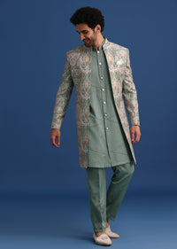 Green Printed Silk Jacket and Kurta Fusion Suit