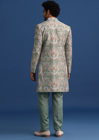 Green Printed Silk Jacket and Kurta Fusion Suit