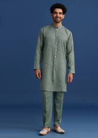 Green Printed Silk Jacket and Kurta Fusion Suit