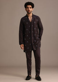 Black Hand Embroidered Indo Western Set in Silk Blend