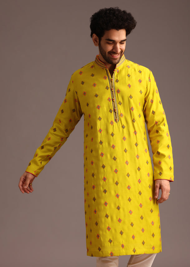 Green Print Silk Kurta And Pyjama