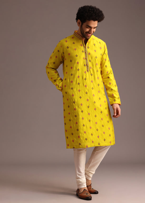 Green Print Silk Kurta And Pyjama