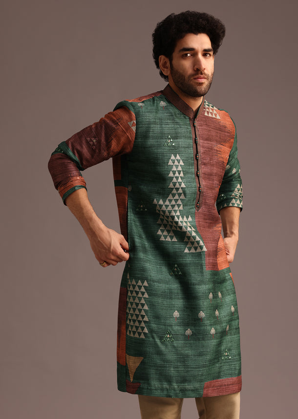 Green Tussar Silk Print Kurta And Pyjama