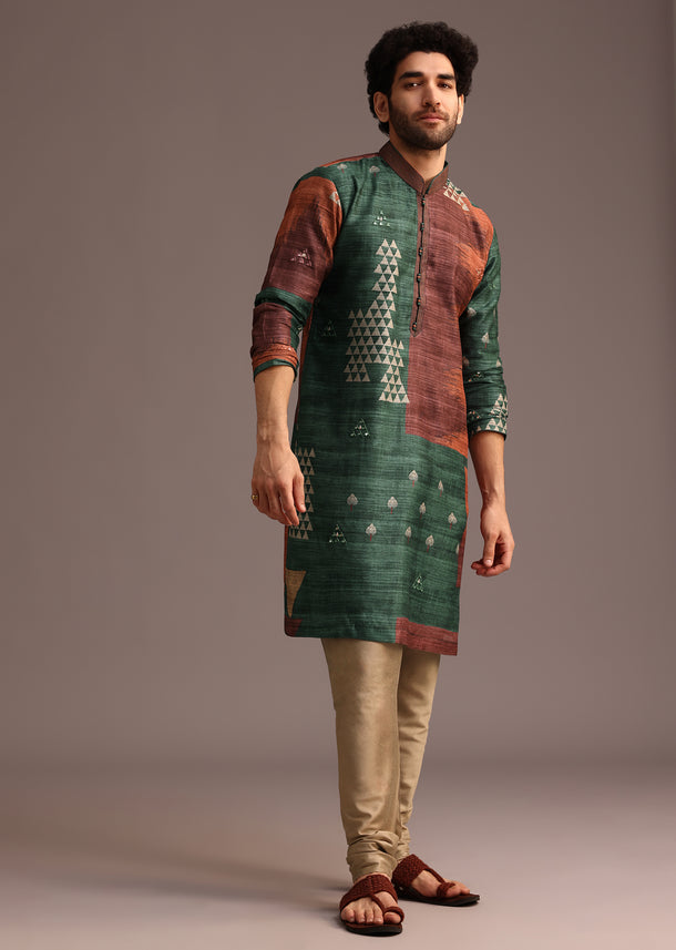 Green Tussar Silk Print Kurta And Pyjama