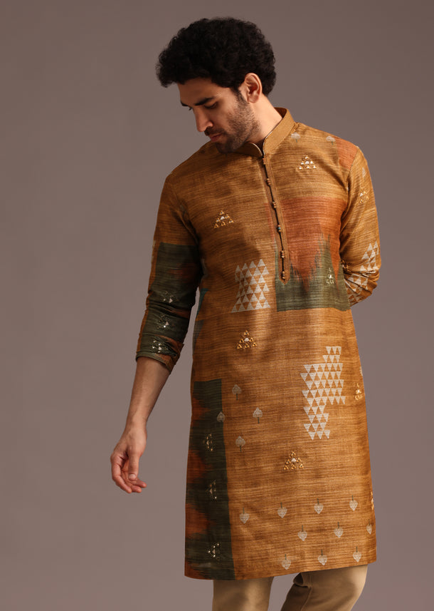 Mustard Tussar Silk Abstract Print Kurta And Pyjama