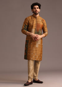 Mustard Tussar Silk Abstract Print Kurta And Pyjama