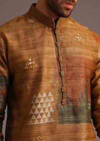 Mustard Tussar Silk Abstract Print Kurta And Pyjama