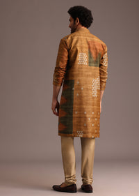 Mustard Tussar Silk Abstract Print Kurta And Pyjama