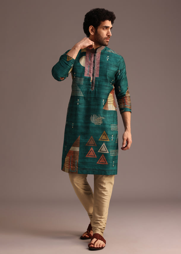 Tussar Silk Green Abstract Print Kurta With Pyjama