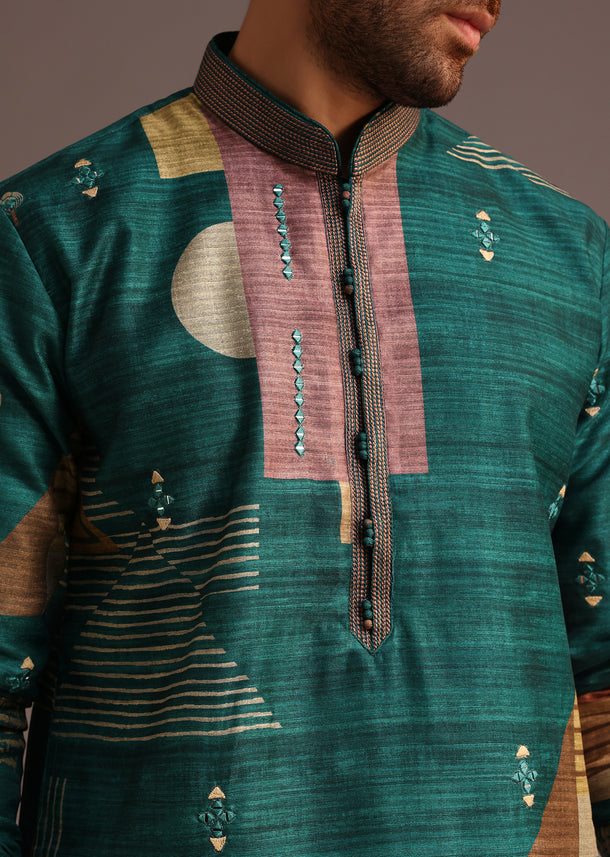 Tussar Silk Green Abstract Print Kurta With Pyjama