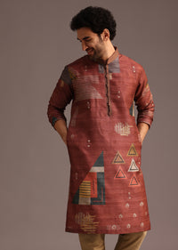 Rust Orange Tussar Silk Kurta And Pyjama In Abstract Print