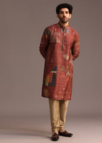 Rust Orange Tussar Silk Kurta And Pyjama In Abstract Print