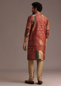 Rust Orange Tussar Silk Kurta And Pyjama In Abstract Print