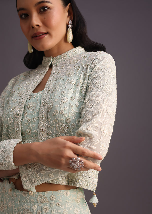 Green Lucknowi Croptop Palazzo With Embroidered Jacket