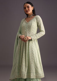 Green Embroidered Kurti With Banarasi Weave Skirt And Butti Work Dupatta