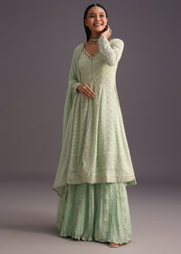 Green Embroidered Kurti With Banarasi Weave Skirt And Butti Work Dupatta