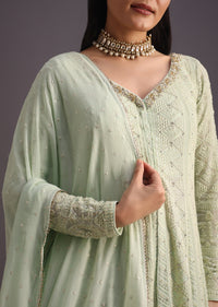 Green Embroidered Kurti With Banarasi Weave Skirt And Butti Work Dupatta