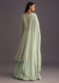 Green Embroidered Kurti With Banarasi Weave Skirt And Butti Work Dupatta