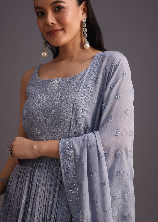 Blue Lucknowi Anarkali With Butti Work Dupatta