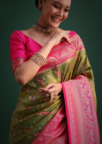 Parrot Green And Red Silk Saree With Traditional Paithani Motif Zari Woven Work