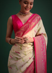 Off White And Pink Silk Saree With Traditional Paithani Motif Zari Woven Work