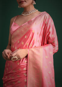 Pink Silk Saree With Double Border And Zari Embroidered Butti All Over