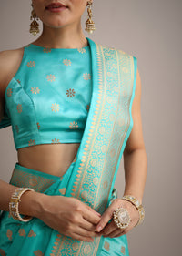 Blue Silk Saree With Zari Embroidered Butti All Over